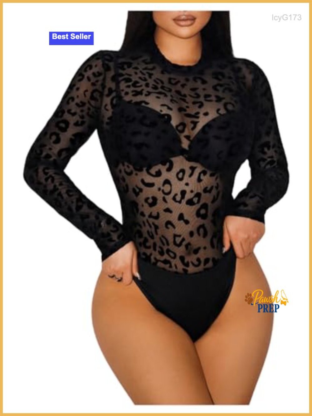 Women's Leopard Print Long Sleeve Sheer Mesh Bodysuit Mock Neck Slim Fit